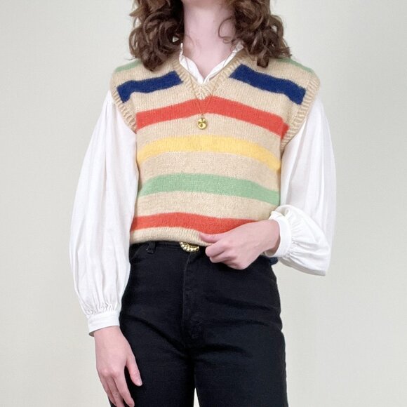Vintage 1970s Hand Knit Wool Sweater Vest Oversized Preppy Nautical Eclectic 70s - Picture 8 of 8